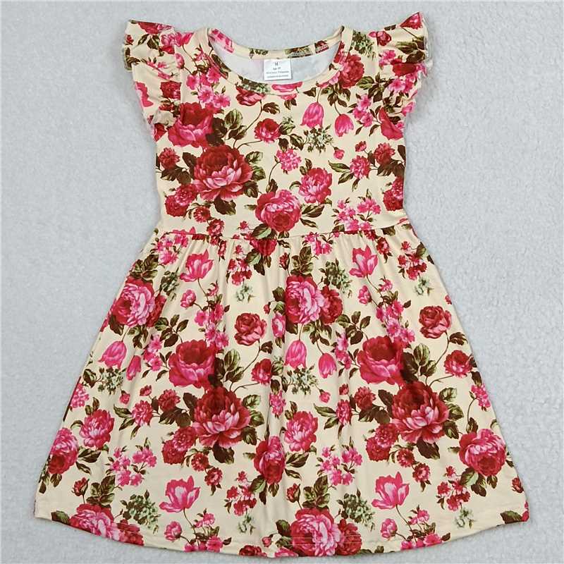 Pink floral beige flying sleeve dress 粉红色花米黄色飞袖裙