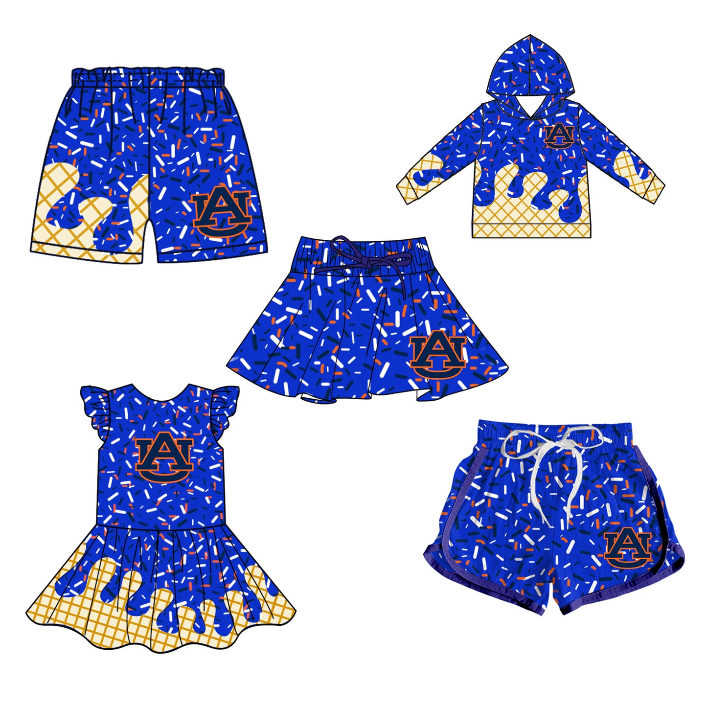 Custom summer teams baby girls clothes team blue hooded long sleeve tops and dress and skirts and shorts 1 and shorts 2-25.5.8