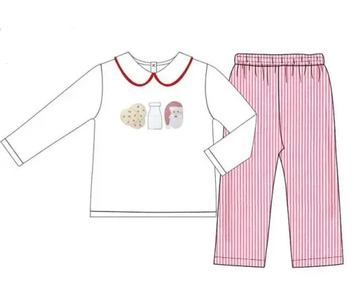Custom moq 3 eta 7/8week moq 5 eta /4/5week Cookies-Milk-Santa Claus White Doll Collar Long Sleeve Top & Red Vertical Striped Pants Set