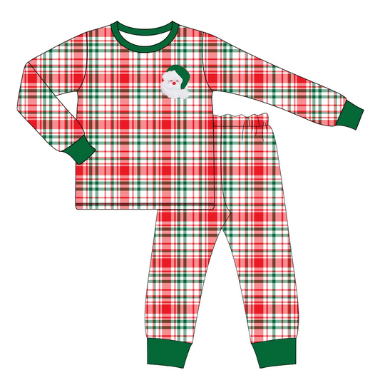 Custom moq 3 eta 7/8week moq 5 eta /4/5weekEmbroidered Santa Claus red and green irregular plaid long-sleeved suit