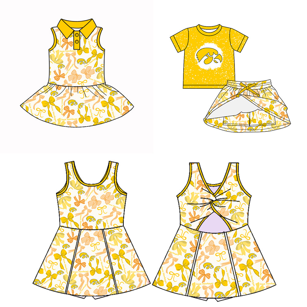 Custom moq 5 mix sizes summer teams baby girls clothes team yellow short sleeve skirts shorts sets dress 1 and dress 2-25.5.10