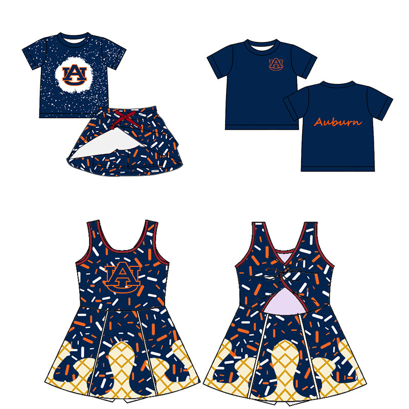 Custom moq 5 mix sizes summer teams baby girls clothes team navy blue short sleeve skirts shorts sets dress top-25.5.9