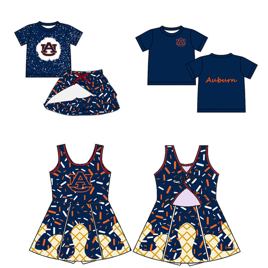 Custom moq 5 mix sizes summer teams baby girls clothes team navy blue short sleeve skirts shorts sets dress top-25.5.9