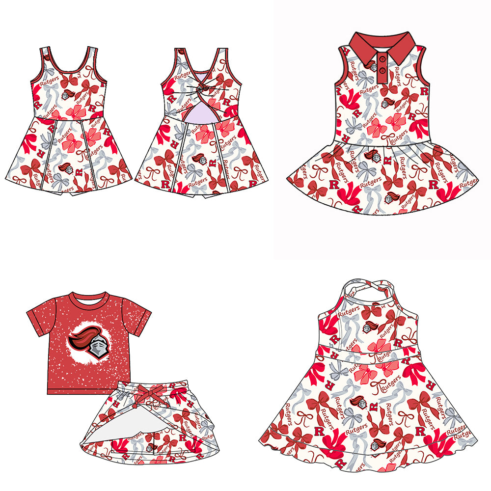 Custom moq 5 mix sizes summer teams baby girls clothes team red short sleeve skirts shorts sets dress 1 and dress 2 and dress 3 and dress 4-25.5.13