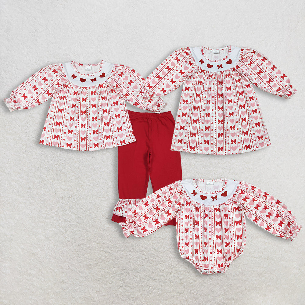 RTS NO MOQ Sibling Baby girls clothes Embroidery valentine love long-sleeved pants set and rompers and dress