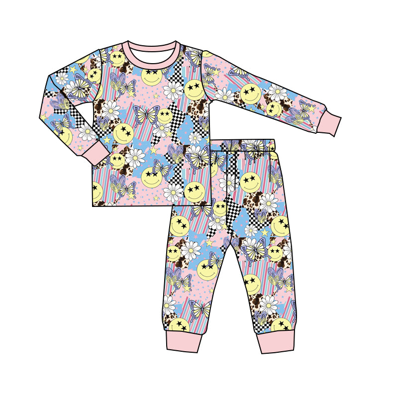 5.14custom each style moq 5eta 4-5week Sibling Sister Smiley butterfly flower prints pink boys and girls outfits and baby romper match family design