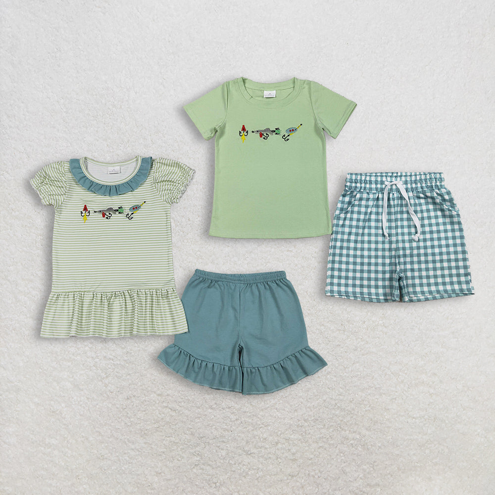 RTS NO MOQ Sibling baby girls boy clothes embroidery short sleeve shorts sets