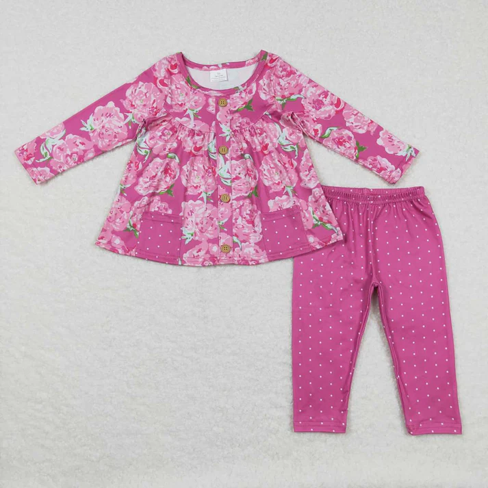RTS NO MOQ Baby Girls Floral Pocket Tunic Sibling Legging Pants Clothing Sets