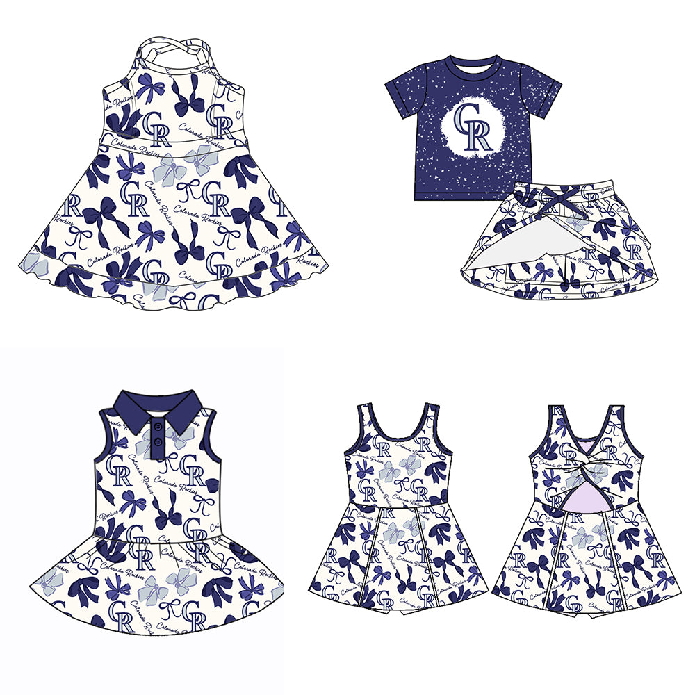 Custom moq 5 mix sizes summer teams baby girls clothes team blue short sleeve skirts shorts sets dress 1 and dress 2 and dress 3 and dress 4-25.5.21