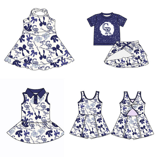 Custom moq 5 mix sizes summer teams baby girls clothes team blue short sleeve skirts shorts sets dress 1 and dress 2 and dress 3 and dress 4-25.5.21