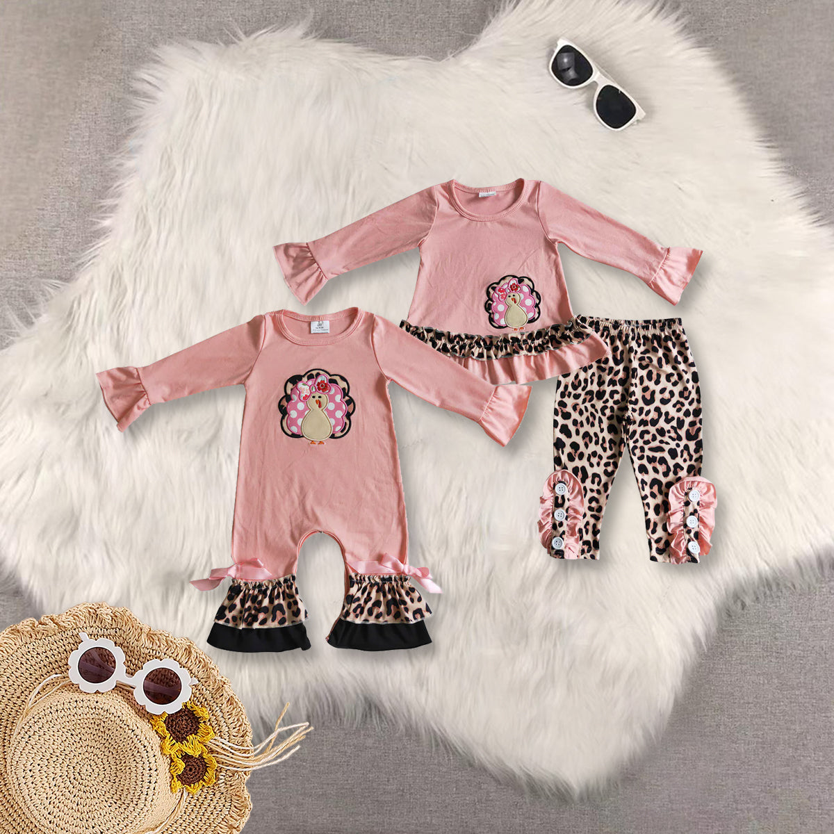 RTS Sibling baby girls clothes Embroidery thanksgiving turkey long Sleeve pants sets and rompers