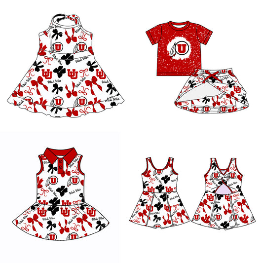 Custom moq 5 mix sizes summer teams baby girls clothes team red short sleeve skirts shorts sets dress 1 and dress 2 and dress 3 and dress 4-25.5.26
