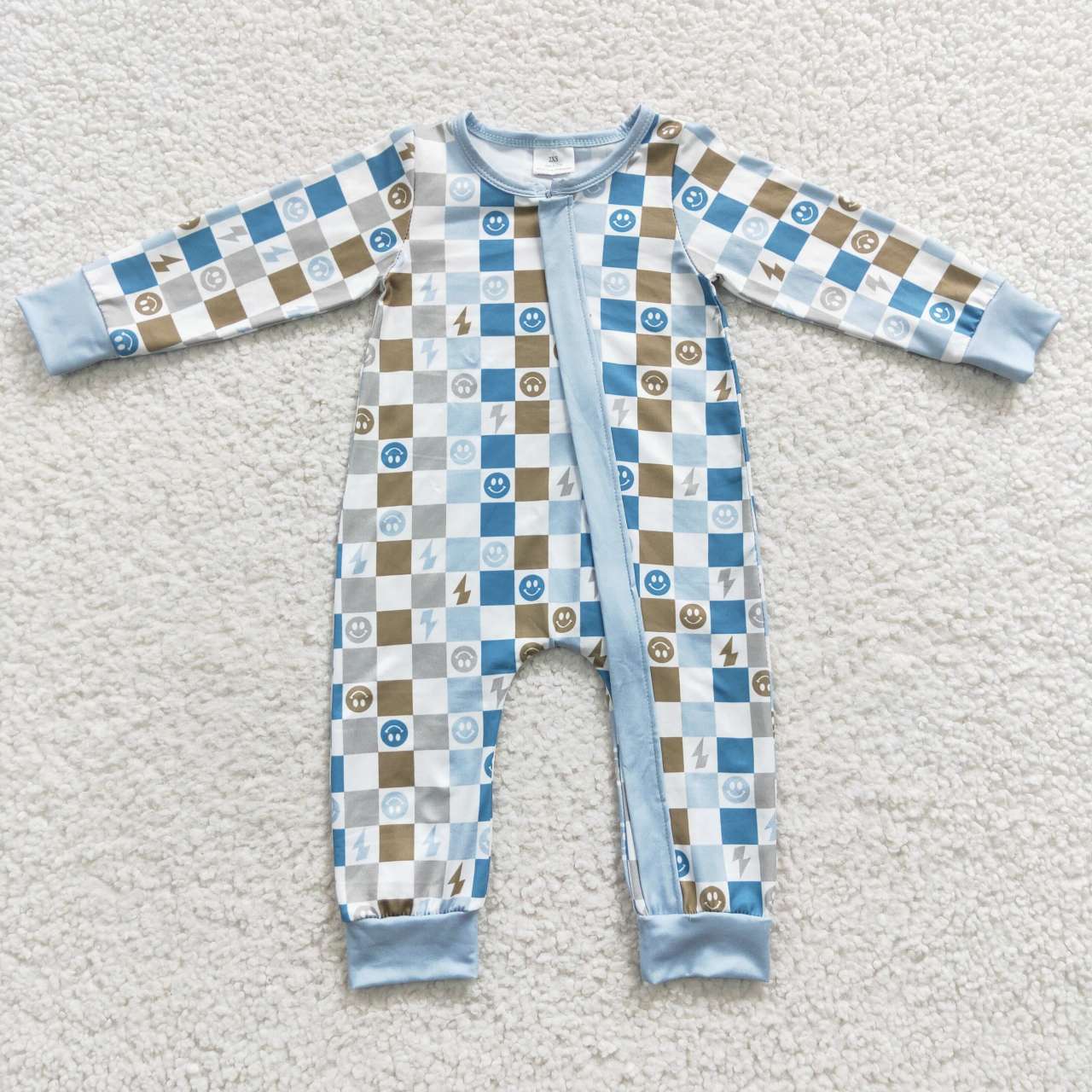 LR0313 Smiley Lightning Plaid Blue Zipper Long Sleeve Bodysuit