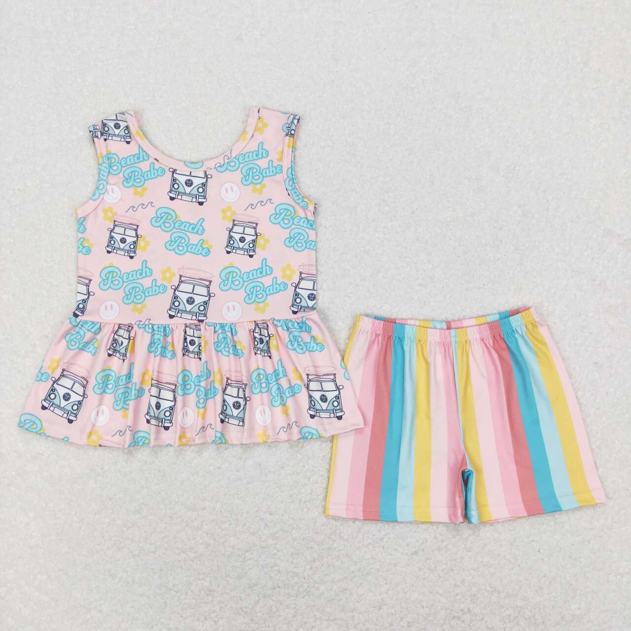 GSSO0504 beach babe smiley bus sleeveless colorful striped shorts suit