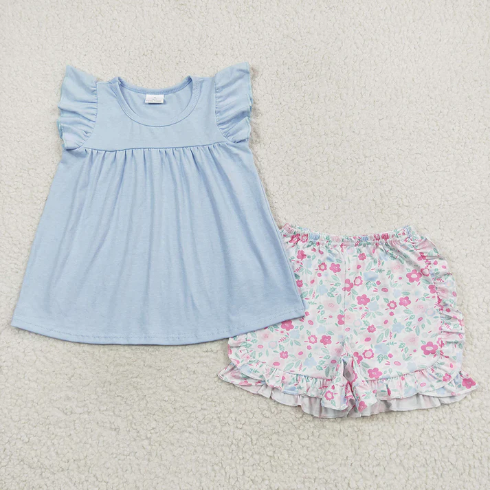 RTS NO MOQ Baby Girls Blue Ruffle Sibling Sister Dresses Floral Shorts Clothes Sets