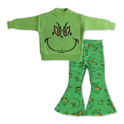 RTS NO MOQ Green Face Christmas Sweaters Denim Bell Pants Sets Sweater and denim suit