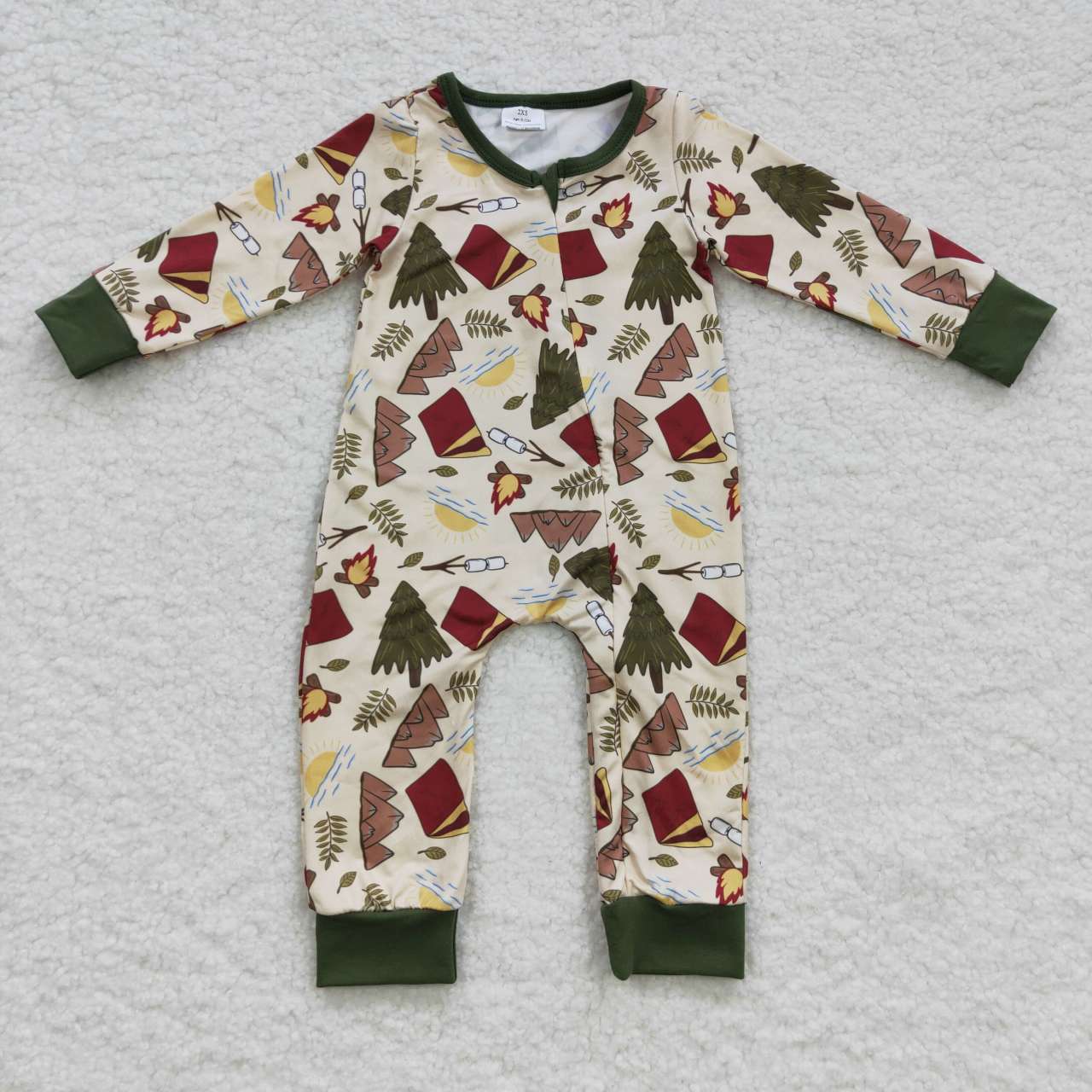 LR0398 Camping Adventure Torch Tree Tent Zipper Long Sleeve Onesie