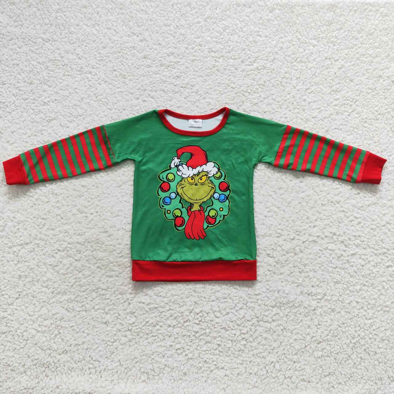 RTS NO MOQ（In Stock) BT0245 Christmas cartoon grinch red and green striped long-sleeved top