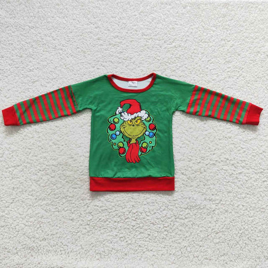 RTS NO MOQ（In Stock) BT0245 Christmas cartoon grinch red and green striped long-sleeved top