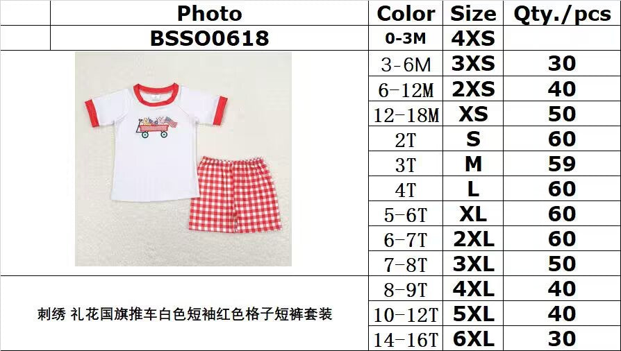 RTSno moq  GSD0843Embroidery fireworks flag cart white short sleeve red plaidBSSO0618