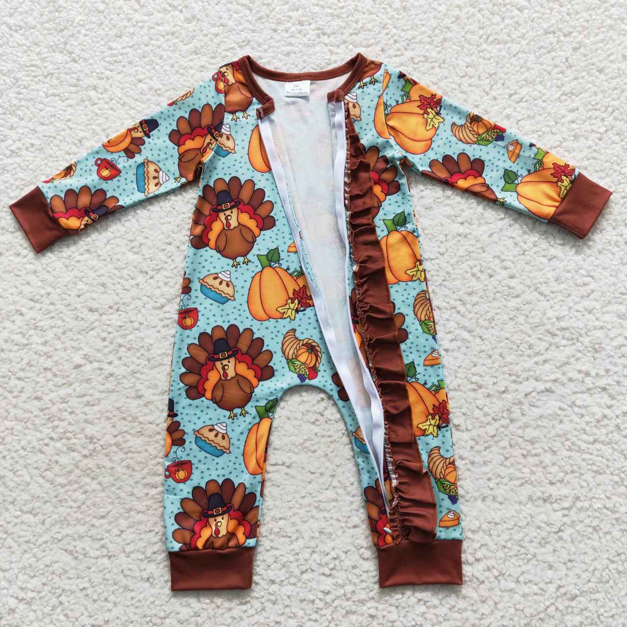 LR0580 Pumpkin Turkey Blue Brown Lace Zip Long Sleeve Bodysuit