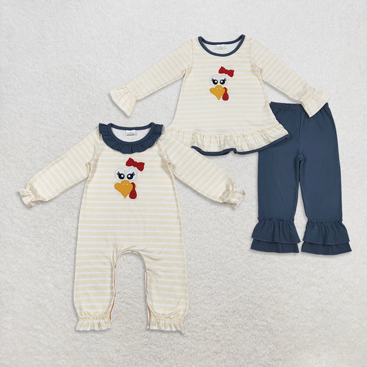RTS NO MOQ Sibling Baby girls clothes Embroidery turkey long-sleeved trousers suit & rompers