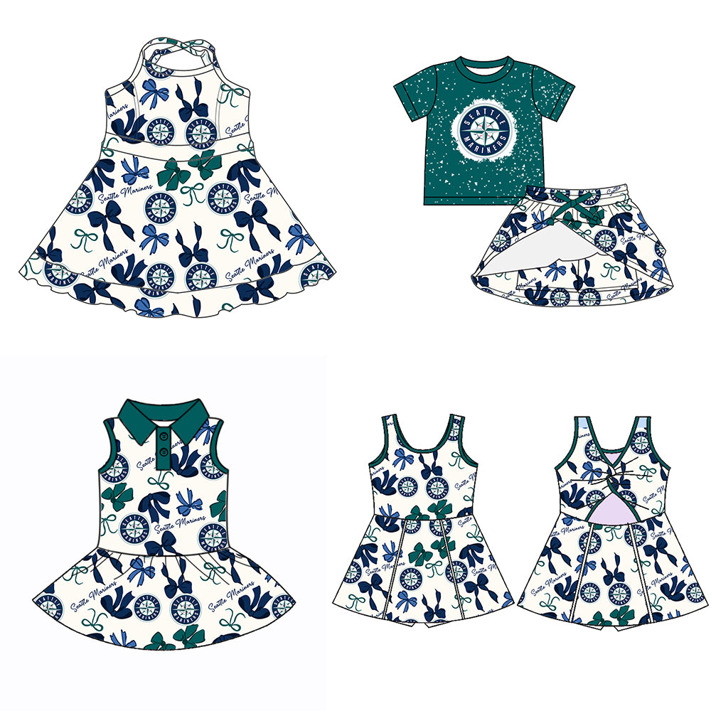 Custom moq 5 mix sizes summer teams baby girls clothes team green short sleeve skirts shorts sets dress 1 and dress 2 and dress 3 and dress 4-25.5.19