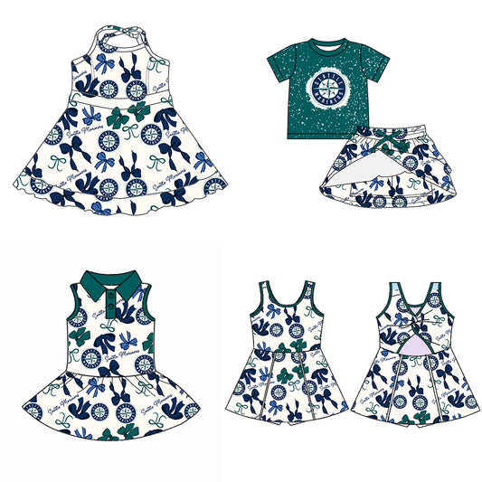 Custom moq 5 mix sizes summer teams baby girls clothes team green short sleeve skirts shorts sets dress 1 and dress 2 and dress 3 and dress 4-25.5.19