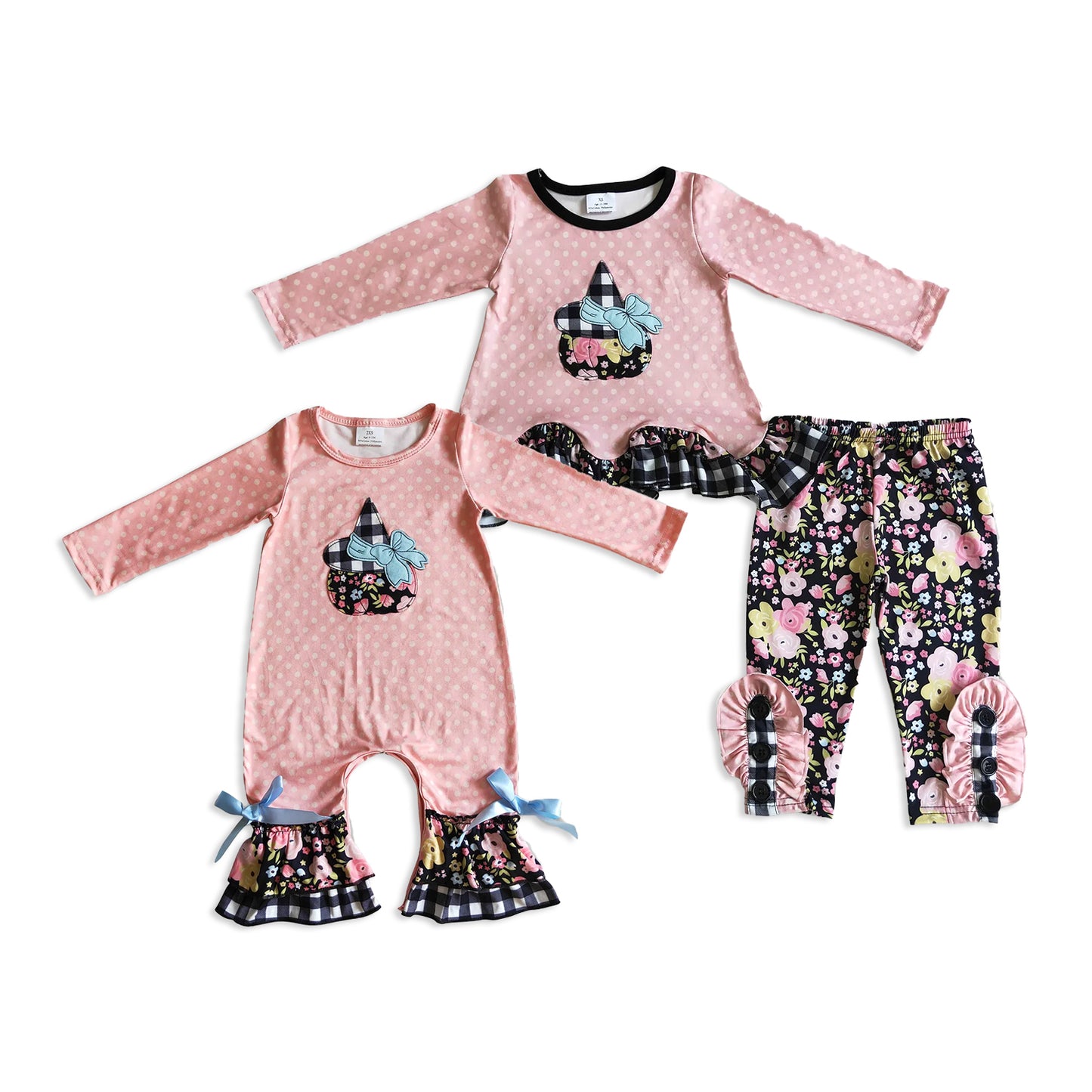RTS Sibling baby girl clothes embroidery Halloween pumpkin long Sleeve pants sets and rompers