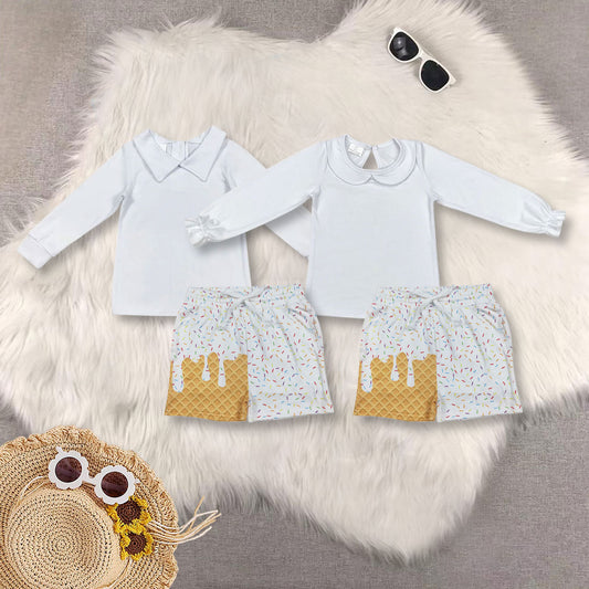 RTS NO MOQ Sibling baby girls boys clothes white long sleeve shorts sets
