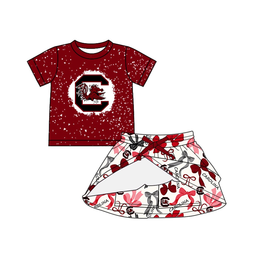Custom moq 5 mix sizes summer teams baby girls clothes team brick red short sleeve skirts shorts sets dress 1 and dress 2 and dress 3 and dress 4-25.5.15