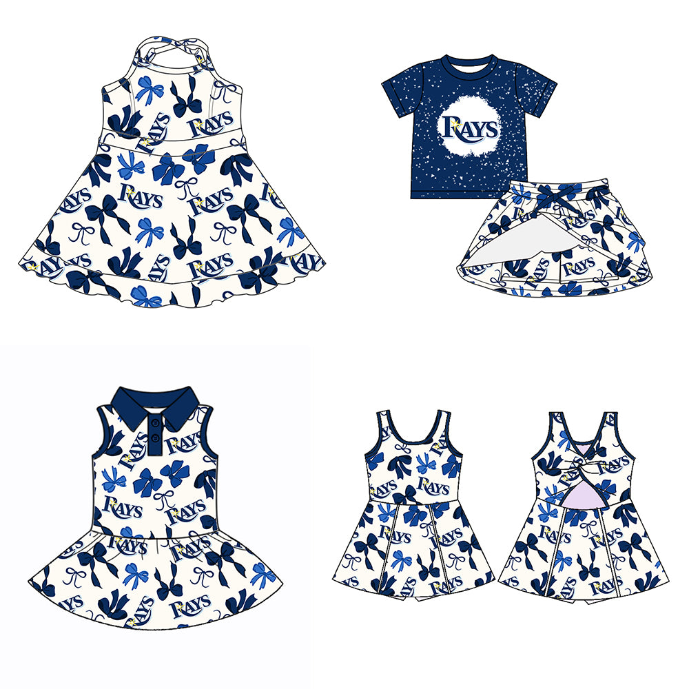 Custom moq 5 mix sizes summer teams baby girls clothes team blue short sleeve skirts shorts sets dress 1 and dress 2 and dress 3 and dress 4-25.5.22