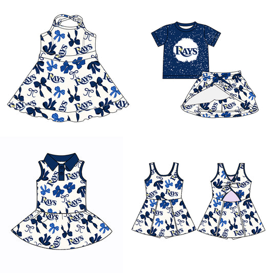 Custom moq 5 mix sizes summer teams baby girls clothes team blue short sleeve skirts shorts sets dress 1 and dress 2 and dress 3 and dress 4-25.5.22