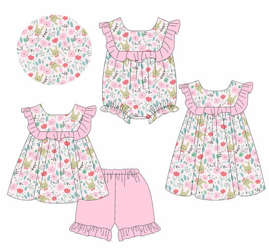 1.11 custom each style moq 5eta 4-6week Sibling Sister floral baby girl short sleeve shorts sets and dress and rompers match family design