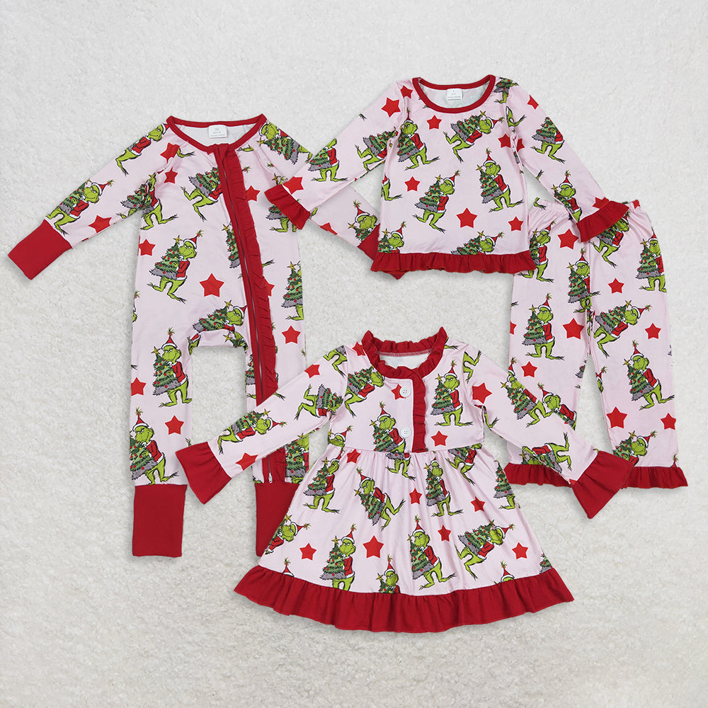 RTS Sibling baby girls clothes Christmas cartoon long Sleeve pants sets and romper and dress