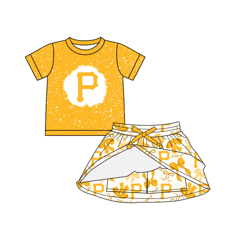 Custom moq 5 mix sizes summer teams baby girls clothes team yellow short sleeve skirts shorts sets dress 1 and dress 2 and dress 3 and dress 4-25.5.22