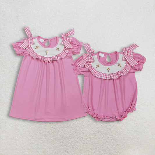 RTS NO MOQ sibling baby girls clothes embroidery smocked easter short sleeve dress and rompers