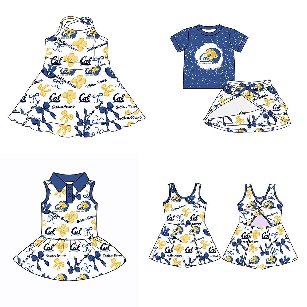 Custom moq 5 mix sizes summer teams baby girls clothes team blue short sleeve skirts shorts sets dress 1 and dress 2 and dress 3 and dress 4-25.5.24