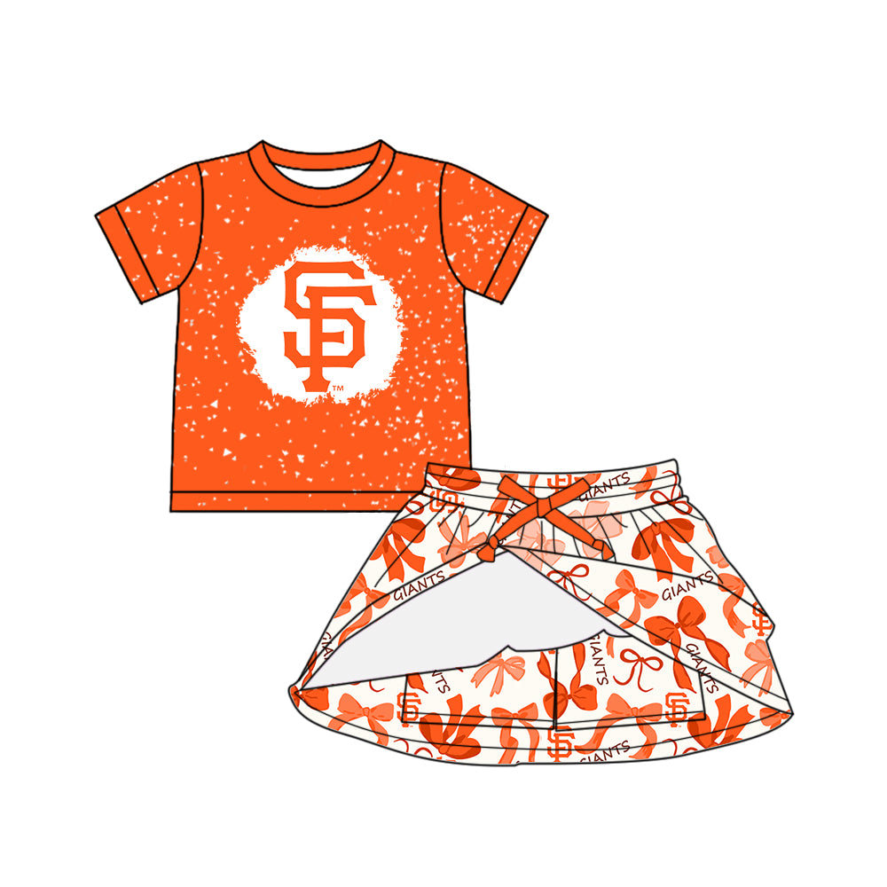 Custom moq 5 mix sizes summer teams baby girls clothes team orange short sleeve skirts shorts sets dress 1 and dress 2 and dress 3 and dress 4-25.5.17