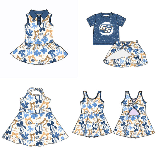 Custom moq 5 mix sizes summer teams baby girls clothes team blue short sleeve skirts shorts sets dress 1 and dress 2 and dress 3 and dress 4-25.5.16