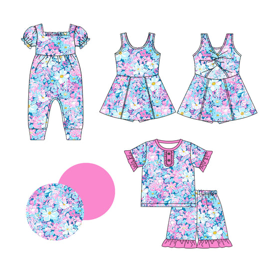 1.2 custom each style moq 5eta 4-6week Sibling Sistes floral baby girl short sleeve shorts sets and dress and rompers match family design