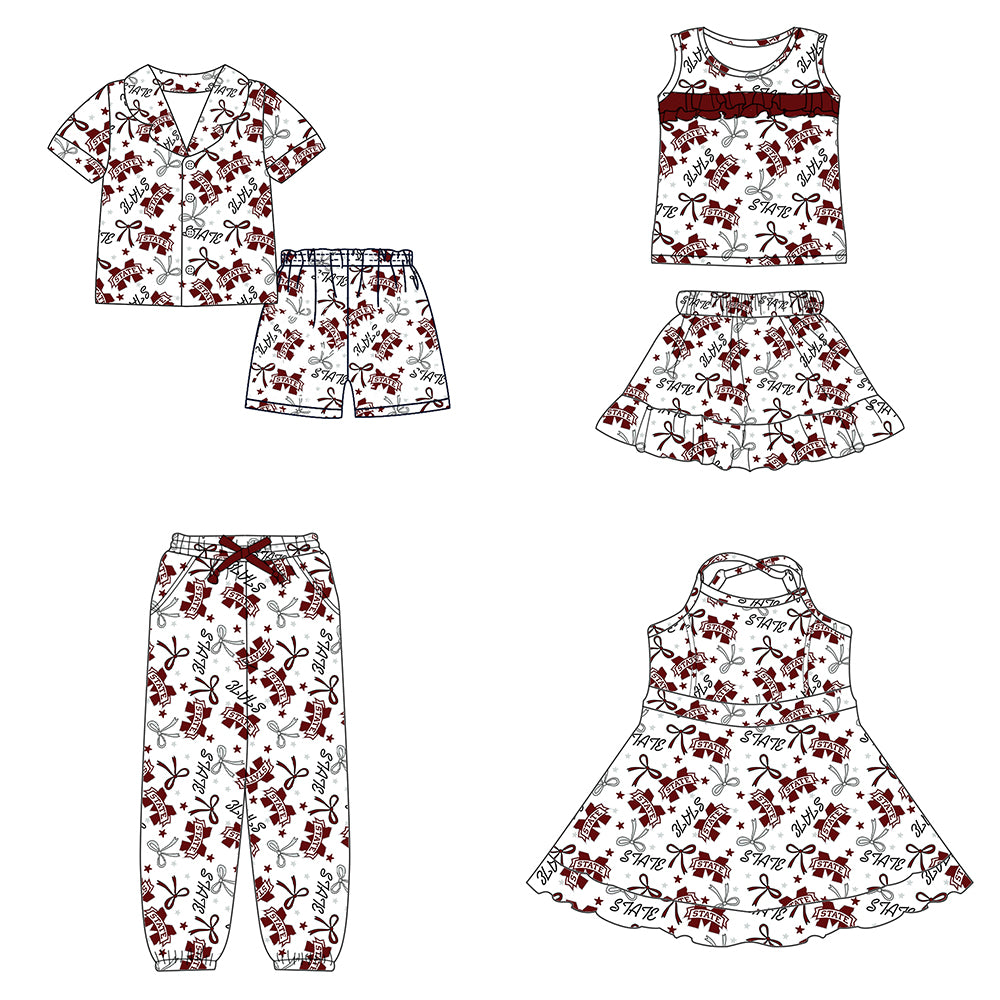 Custom moq 5 mix sizes summer teams baby girls clothes team brick red short sleeve shorts sets dress kids pants-25.5.12
