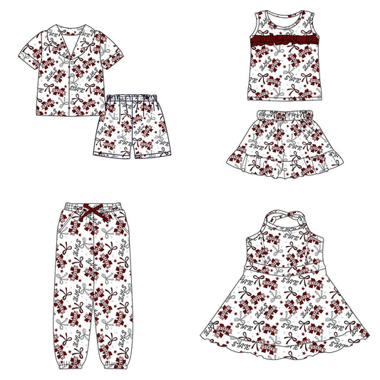 Custom moq 5 mix sizes summer teams baby girls clothes team brick red short sleeve shorts sets dress kids pants-25.5.12