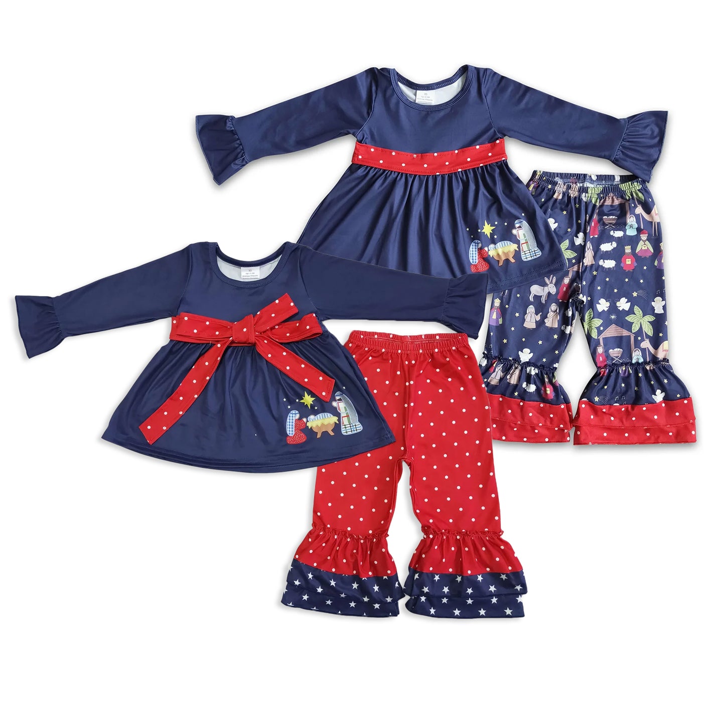 RTS NO MOQ Sibling Baby Girls Christmas trees Long Sleeve Pants Set