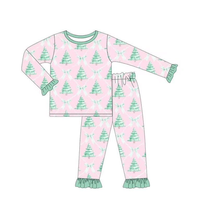 5.15custom each style moq 5eta 4-5week Sibling Sister forest bow print pink girls outfits and baby romper and dress match family design