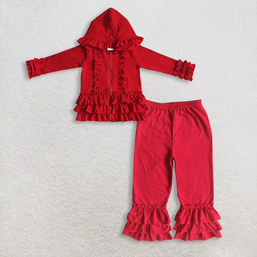 RTS NO MOQ Sibling baby girl clothes lace red hooded long-sleeved sets and top and pants
