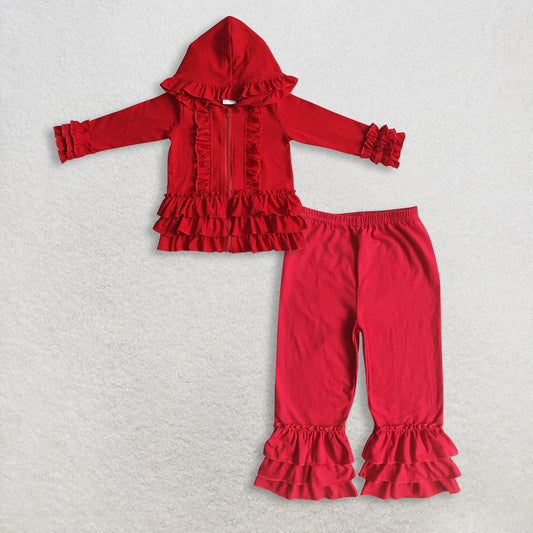 RTS NO MOQ Sibling baby girl clothes lace red hooded long-sleeved sets and top and pants