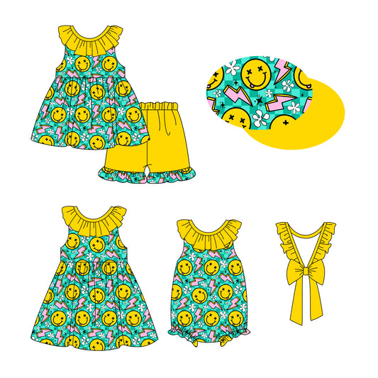 12.30 custom each style moq 5eta 4-6week Sibling Sistes smiley baby girl short sleeve shorts sets and dress and rompers match family design