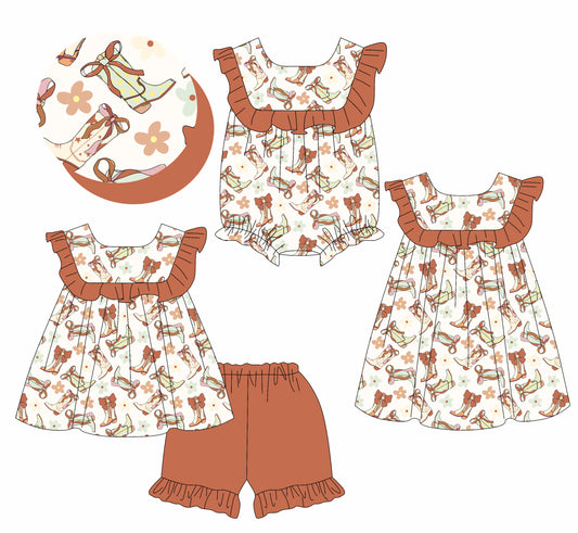 1.23 custom each style moq 5eta 4-6week Sibling Sisters boot bow baby girl short sleeve shorts sets and dress and rompers match family design