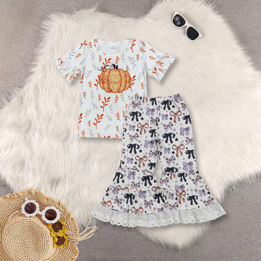 RTS NO MOQ Sibling baby girls clothes halloween pumpkin orange short sleeve pant sets and Top and pants